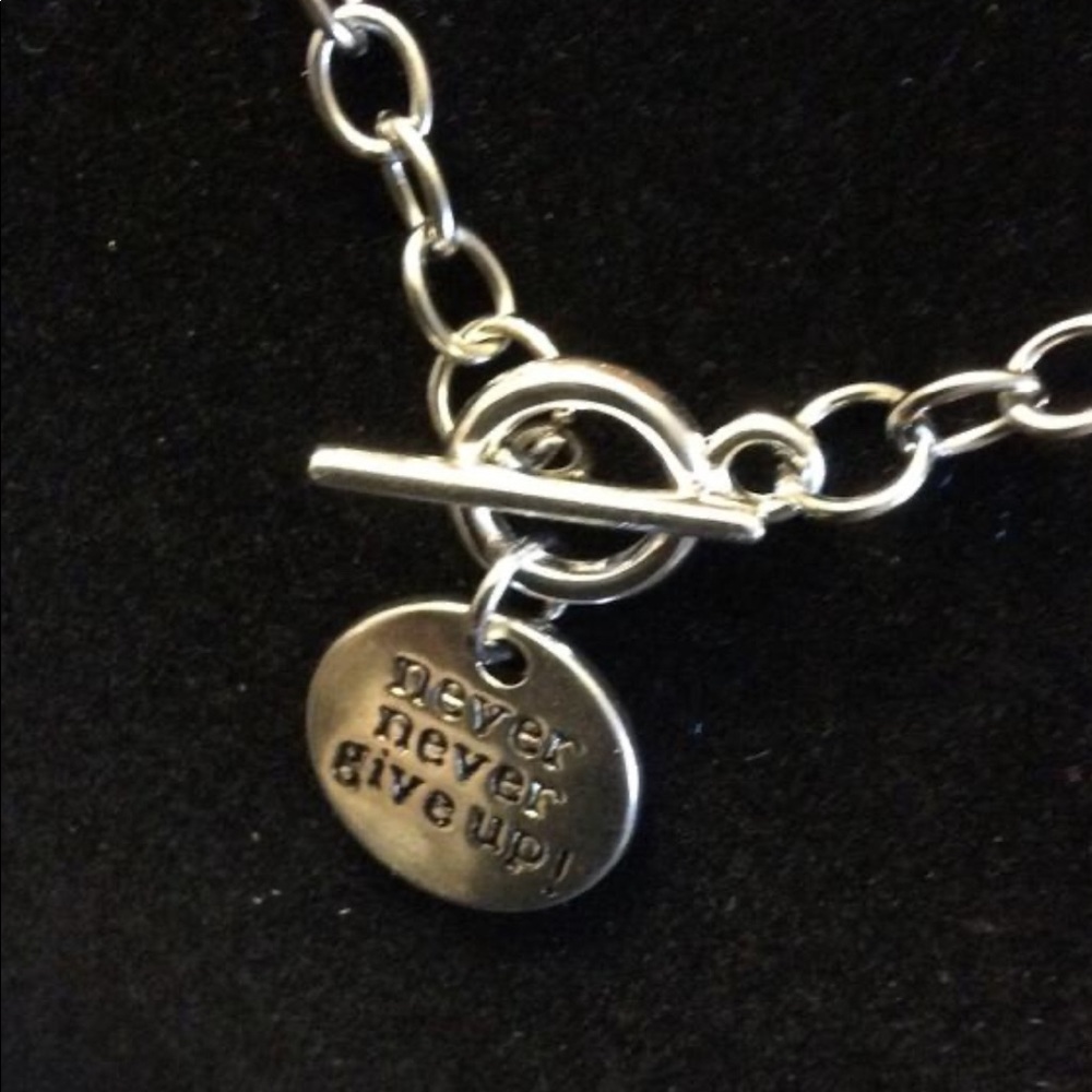 Silver “Never Never Give Up” Coin Toggle Necklace